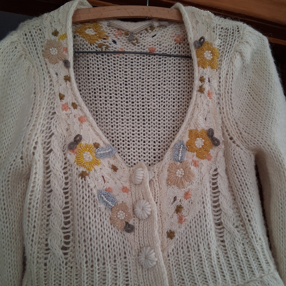 Anthropologie Cream Cardigan with Floral Embroidery